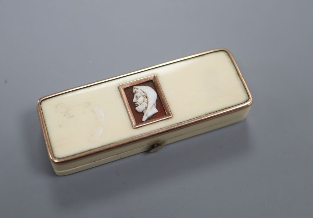 A rectangular ivory and yellow metal toothpick case